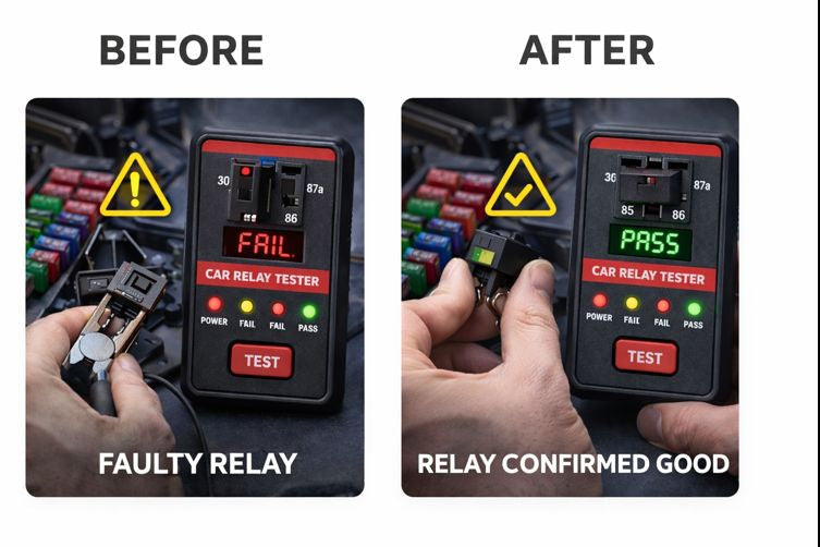 Before and after comparison of a car relay tester showing a faulty relay and confirmed good relay.